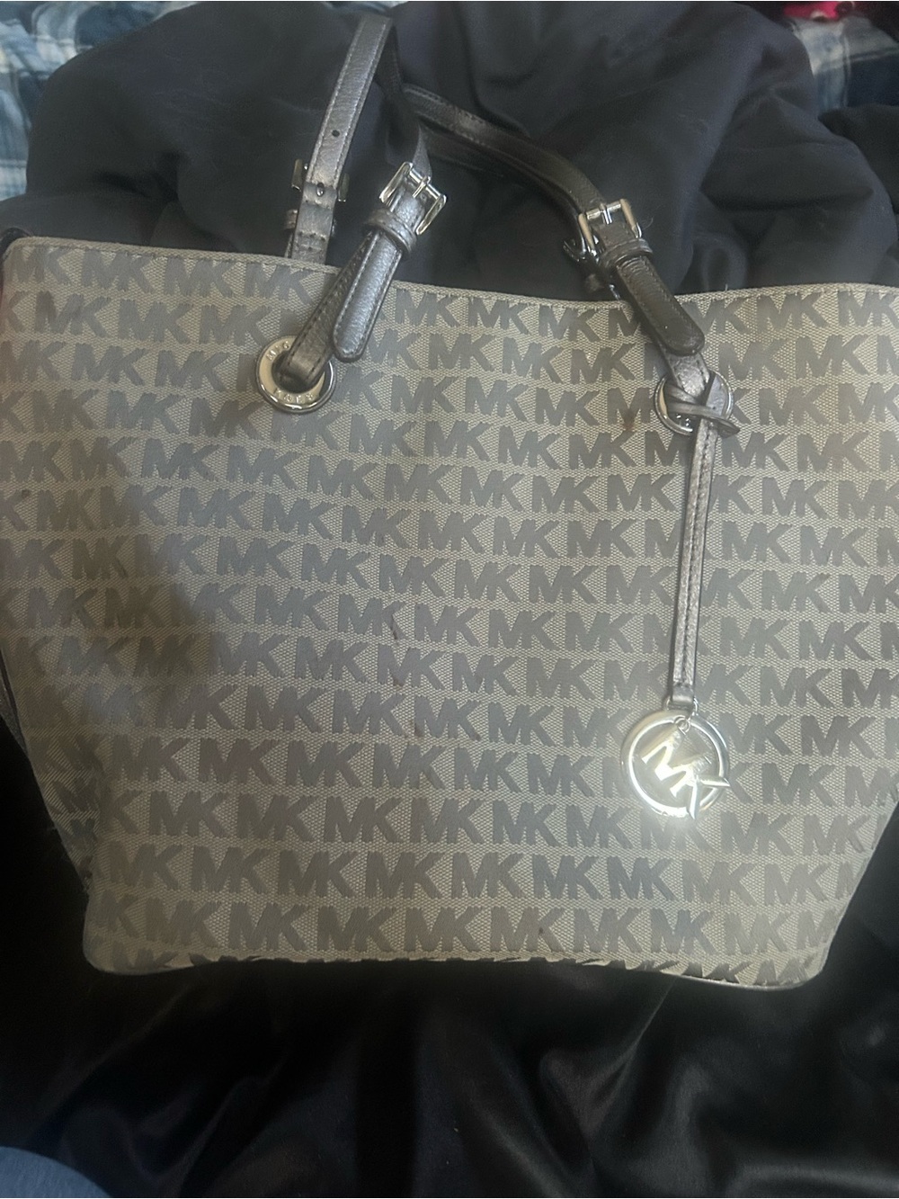 Michael Kors Gray-Brown MK Logo Tote with Silver Hardware